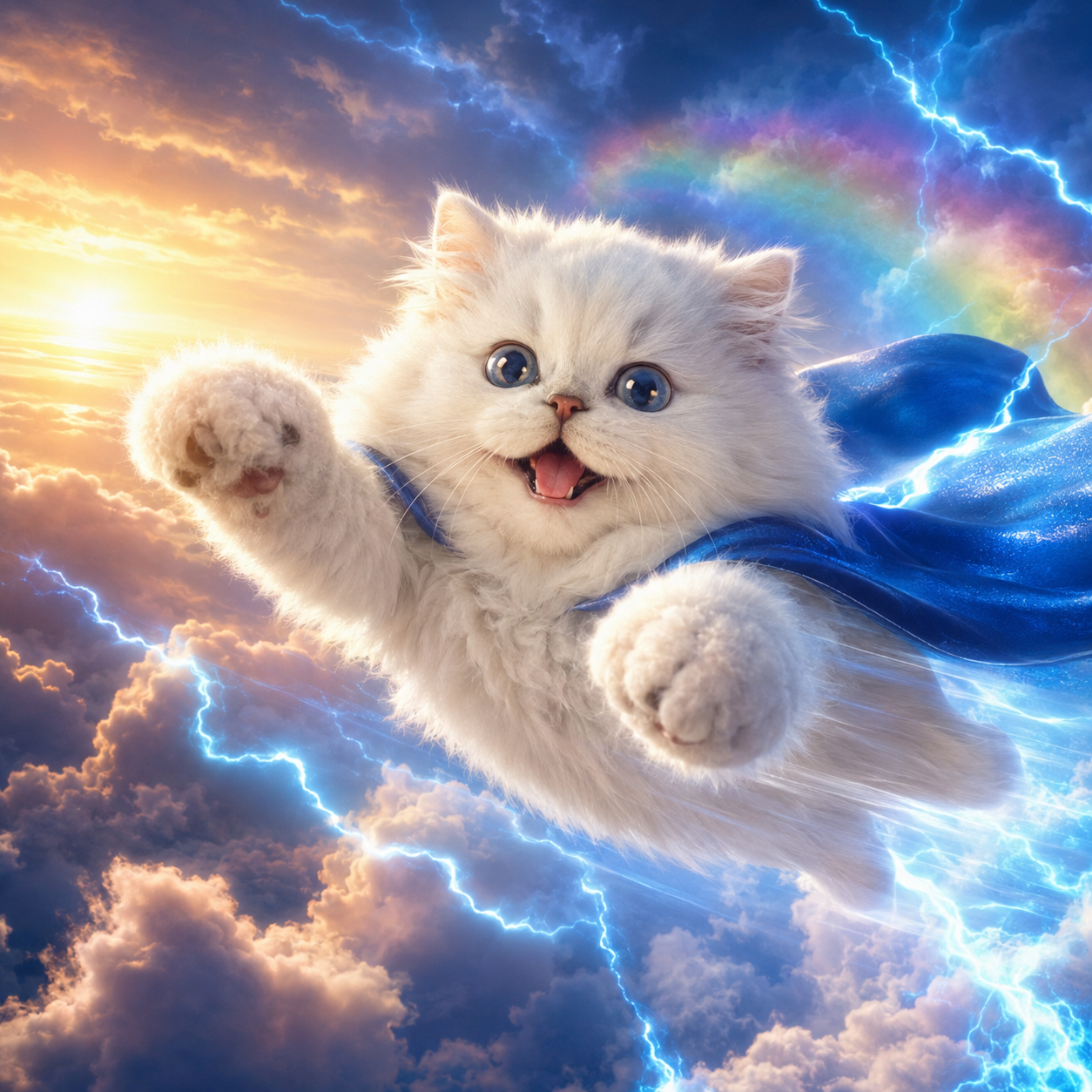 ThunderCat flying through storm clouds in a cape